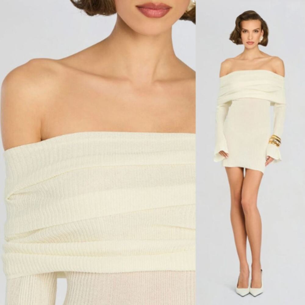 SER.O.YA | NWT Galli Mini Dress in Eggshell Ivory Folded Off Shoulder Knit M - Picture 2 of 12